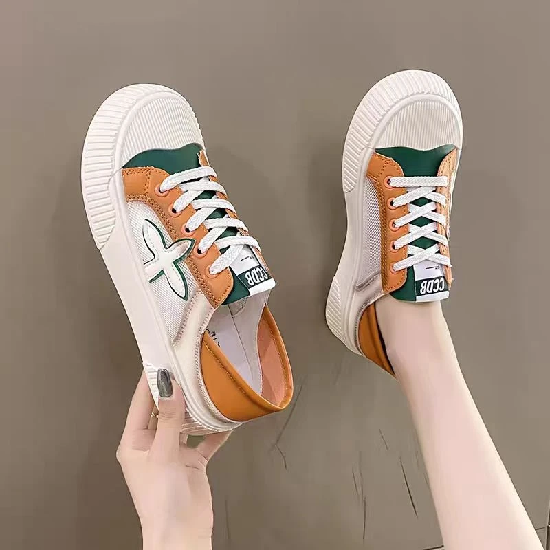 626拼色板鞋女夏季新款厚底透气单网面运动休闲两穿饼干鞋