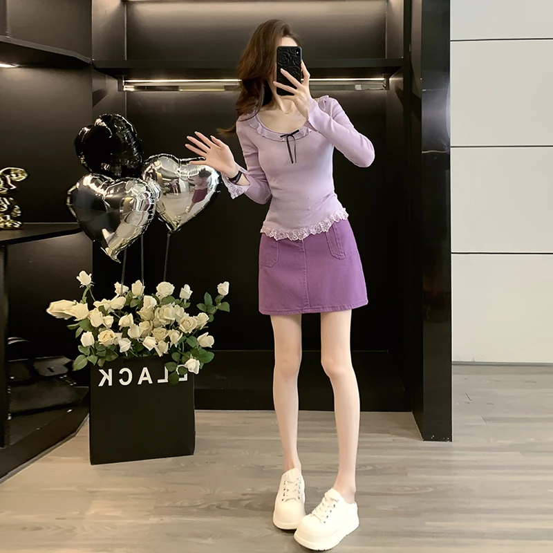 春秋新款小个子时尚设计感紫色蕾丝拼接上衣高腰牛仔短裙两件套潮