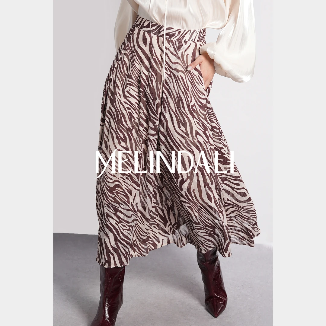 Melinda Li【静奢斑马】金丝斑马印花高腰A字大摆显瘦气质长款半裙