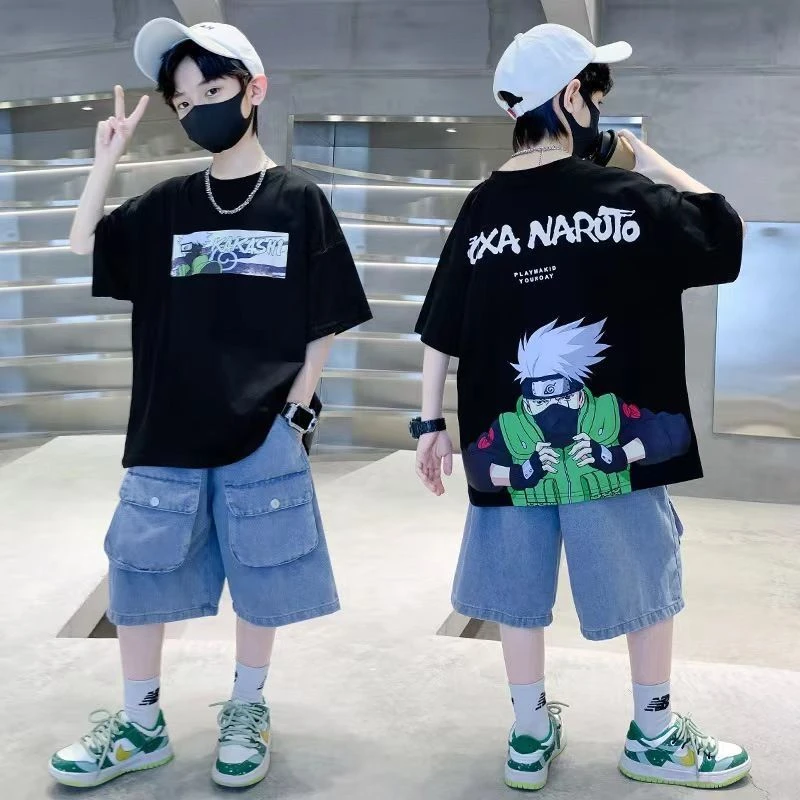 火影忍者衣服纯棉t恤儿童短袖夏季中大童宽松帅气男孩五分上衣ins