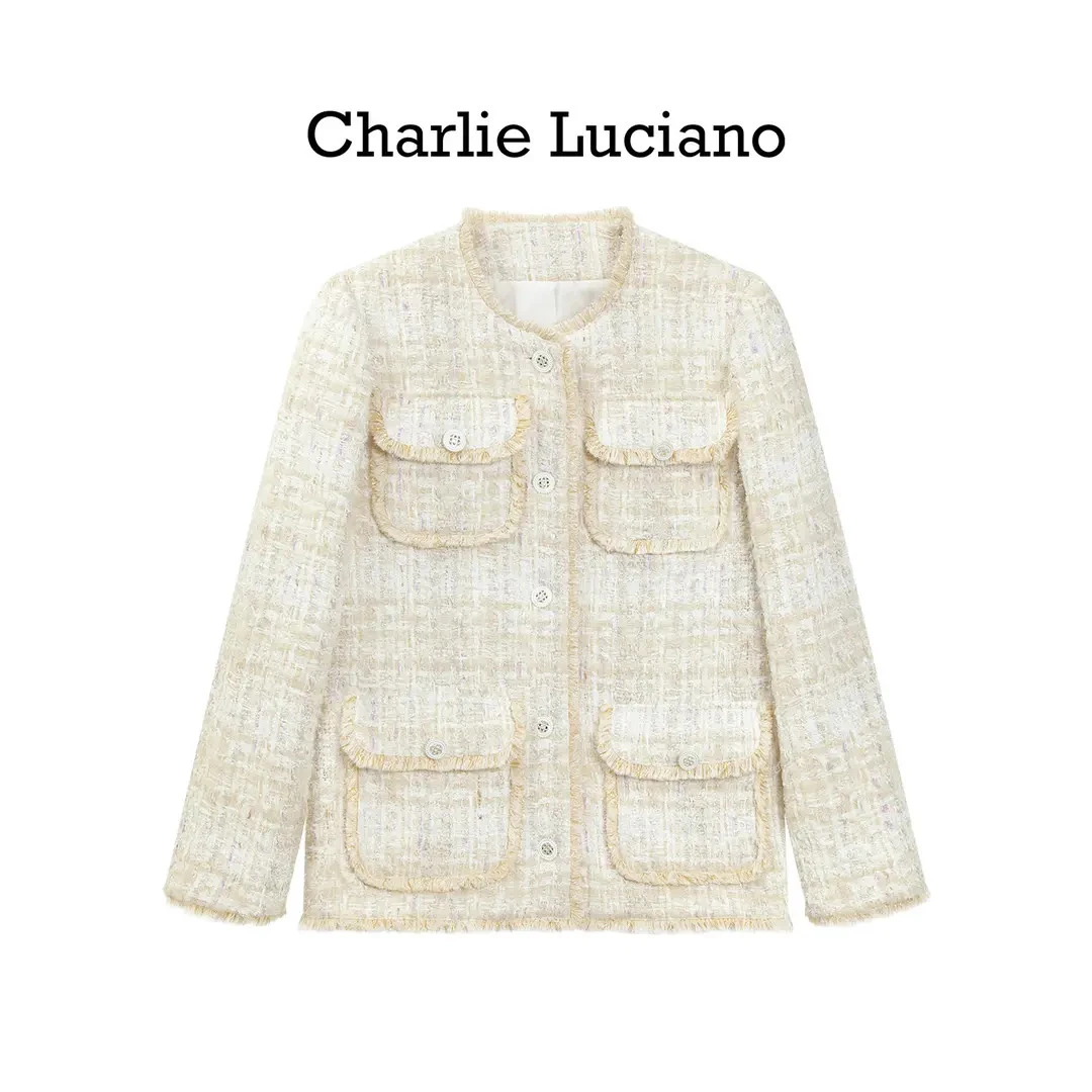 Charlie Luciano粗花呢圆领夹克多口袋纽扣开衫设计感宽松外套女