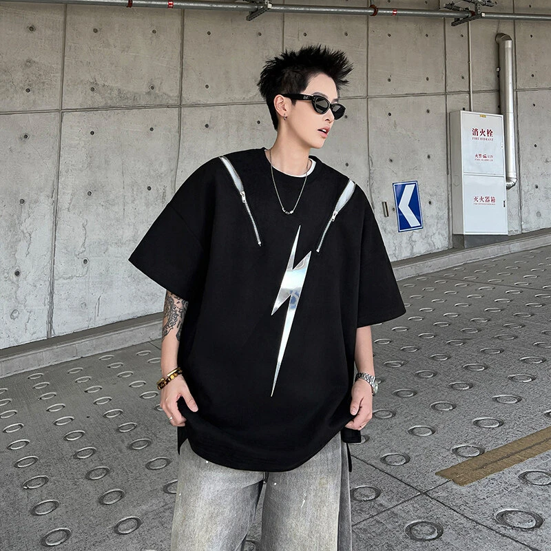 2025设计感垫肩t恤男小众高级感分割解构美式短袖潮牌小领口穿搭