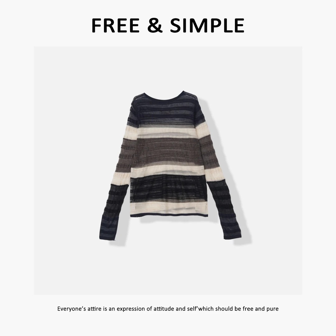 Free&Simple-‘浮光’极简时尚随性感拼色毛织设计长袖T恤-00328