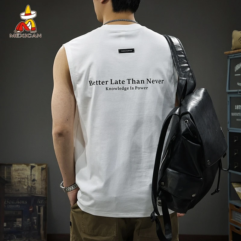 Mexican/稻草人夏季痞帅坎肩背心男字母印花宽松运动休闲无袖T恤
