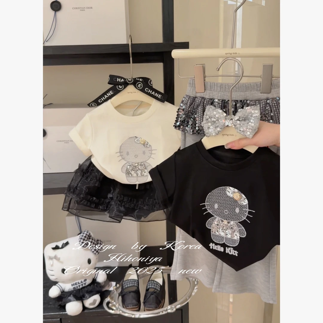 【亮片Kitty】二Hihoniya~2025夏季欧若风亲子亮片可爱Kitty韩短袖