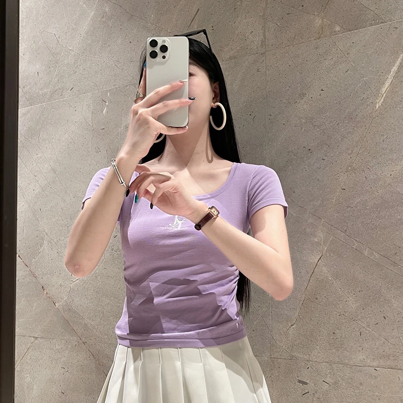 夏新款方领简约风女短袖针织衫t恤小众修身字母刺绣时尚紫色上衣