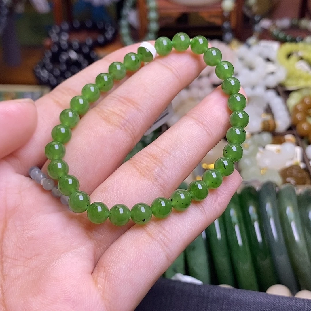 和田玉未镶嵌套链碧玉阳绿手串6mm