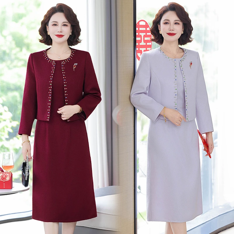 喜婆婆婚宴礼服春秋新款高级感大气连衣裙两件套妈妈结婚喜服套装
