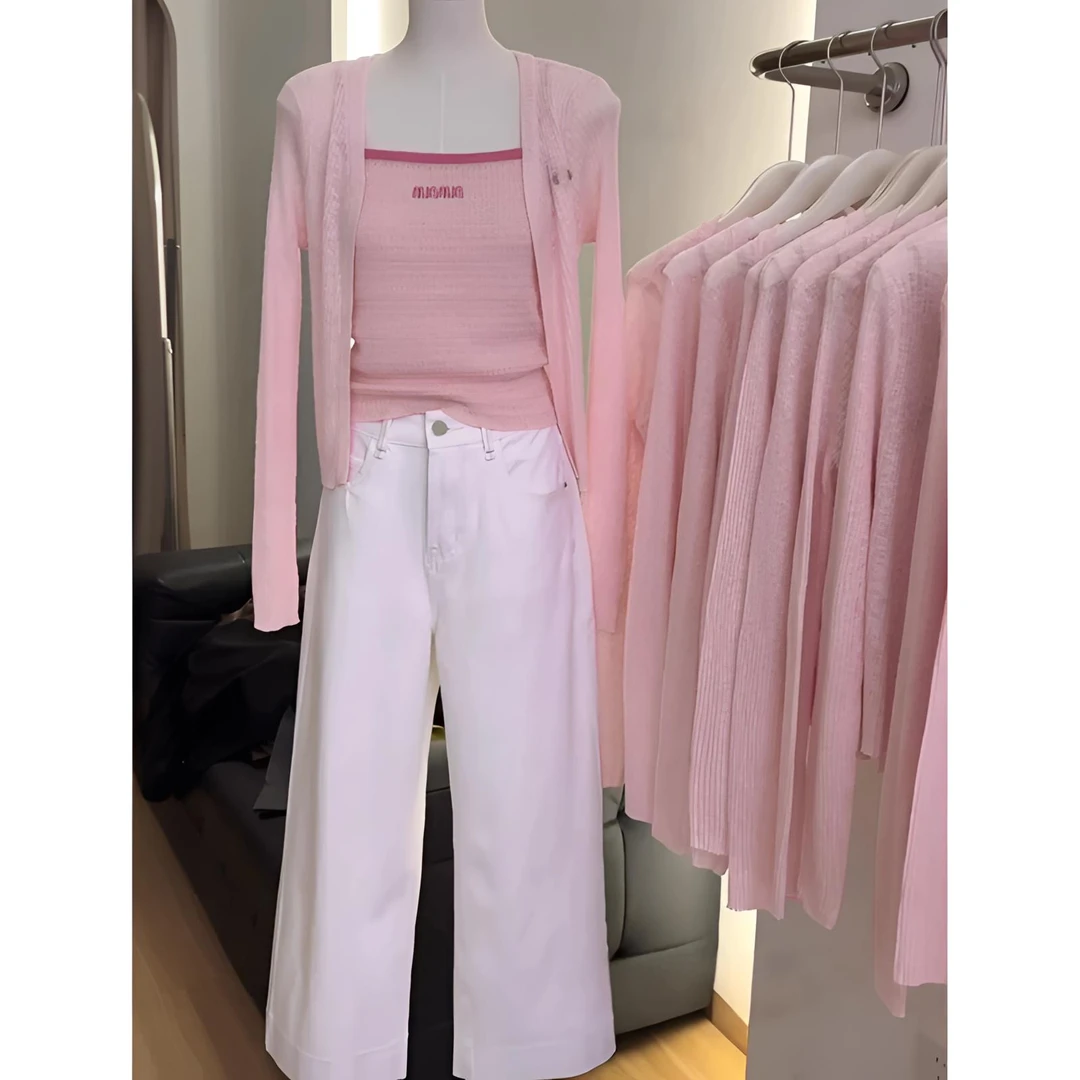 洋气衣服女2025夏季多巴胺小香风粉色内搭吊带开衫防晒衫两件套装