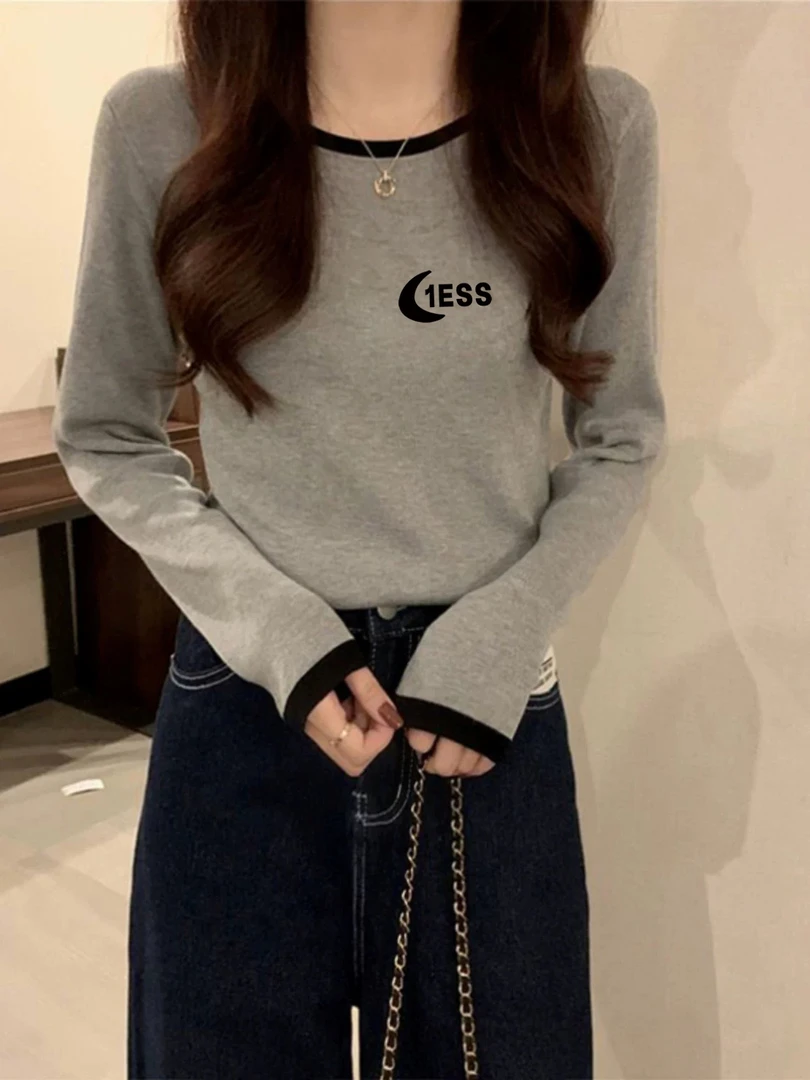 正肩撞色长袖t恤女2025新款春秋外穿百搭短款内搭修身打底衫上衣