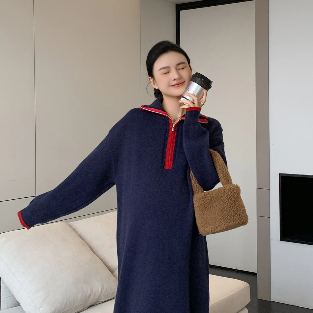 ZMA孕妇装【撞色拉链毛衣裙】撞色冬装高级感立领拉链针织毛衣长裙