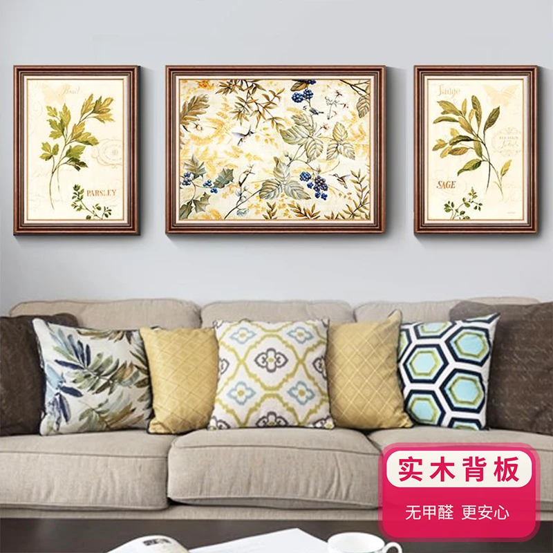 《喜鹊登枝》美式客厅装饰画复古大气沙发背景墙挂画简美三联画壁画