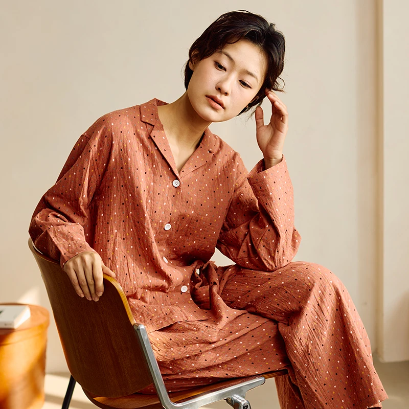 有斐/Youfeel 双层纱科罗娜家居服女士秋冬简约睡衣长袖纯棉