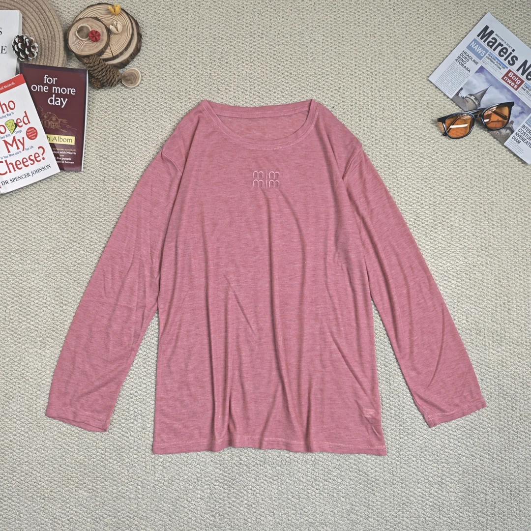 2024秋季新款休闲时尚百搭字母刺绣纯色打底长袖T恤7640（粉色）