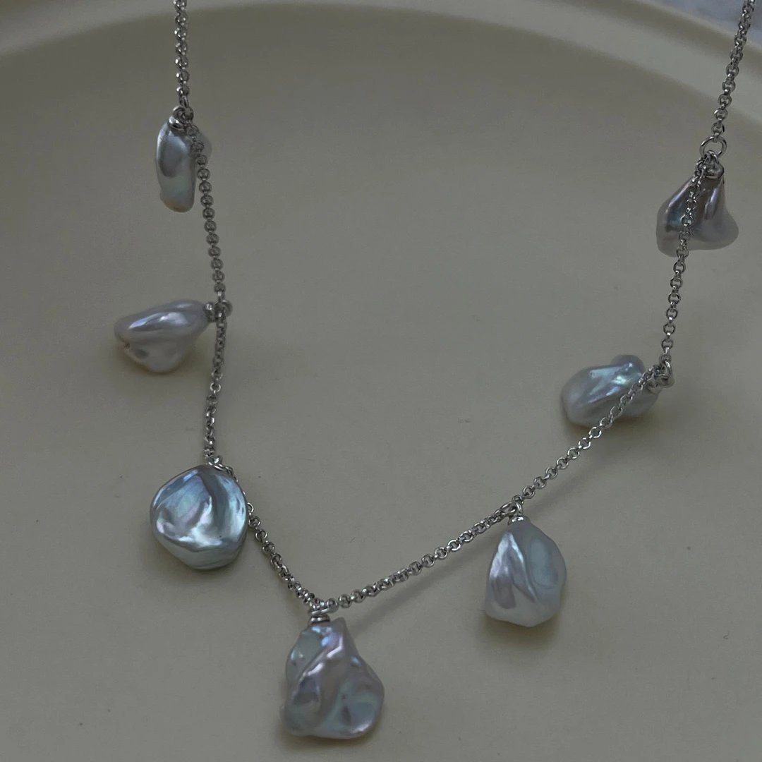 JUNMU天然色蓝血keshi满天星珍珠项链925银锁骨链多样性发货发一