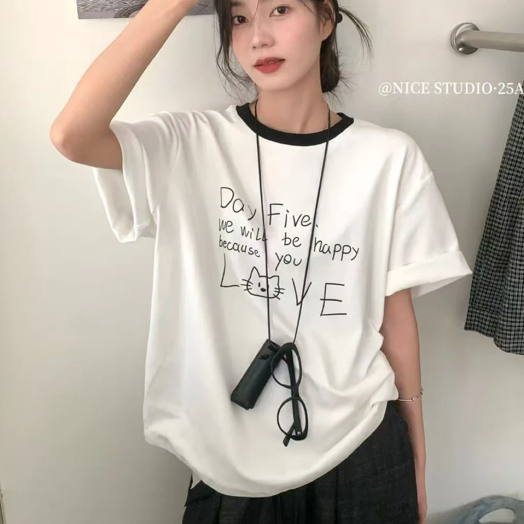 Meiky饼 美式休闲风 趣味猫咪字母印花短袖T恤 2色