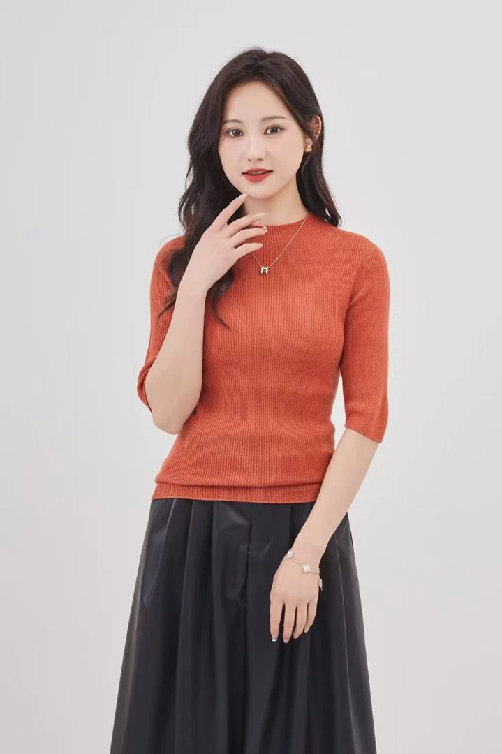 桑蚕丝羊毛精纺无缝一线成衣时尚百搭春夏五分袖低半高领23A027