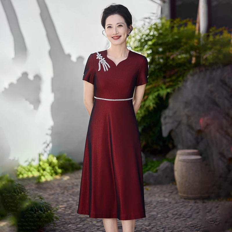 常规中腰印染刺绣纯色七分袖礼服结婚优雅夏季连衣裙