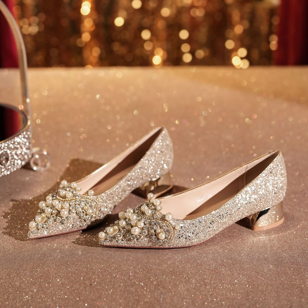 YOU XIAN MEI/悠闲美3333D-102亮片珍珠贴花矮跟鞋婚鞋宴会礼服鞋