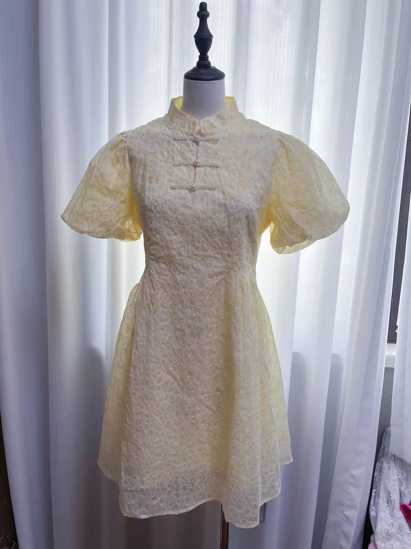 纯色长裙泡泡袖轻职风连衣裙显瘦中国风气质日常