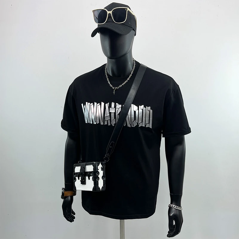 新品重磅液态立体极光银字体夏季休闲潮牌短袖男情侣街头纯棉T恤