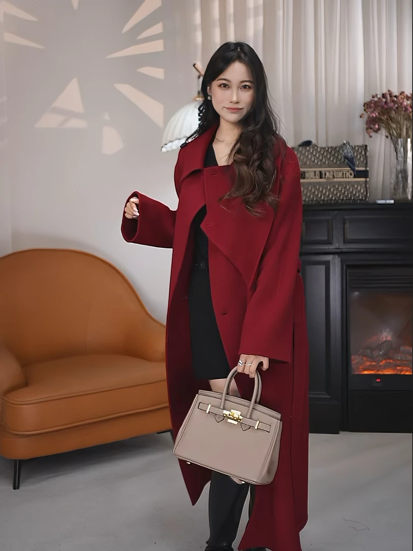 简约通勤韩版冬季女长款毛呢外套千金风翻领新复古风 124256