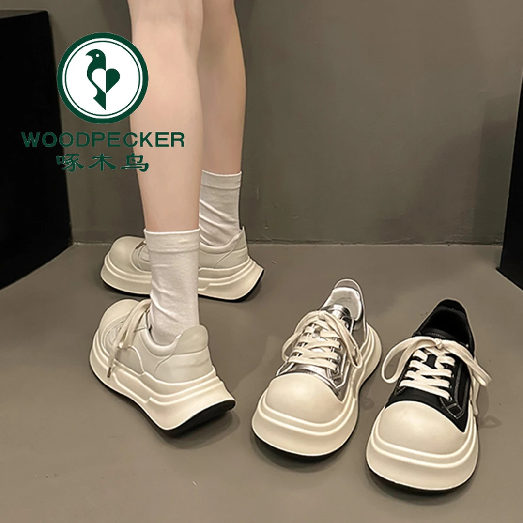 啄木鸟丑萌增高米奇黑白大头鞋女2024新款百搭休闲运动厚底面包鞋