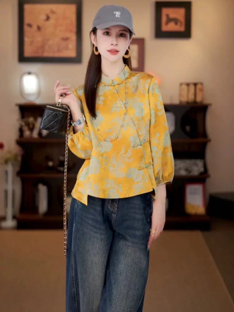 秋季新款新中式国风暗纹提花百搭洋气气质显瘦长袖上衣