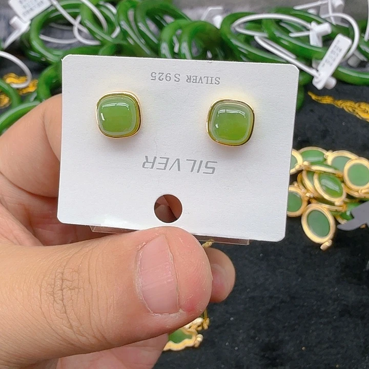和田玉（碧玉）耳饰银S925镀金镶嵌