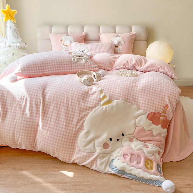 比熊乐乐 A类全消光加厚牛奶绒三四件套 不掉毛无静电不跑被