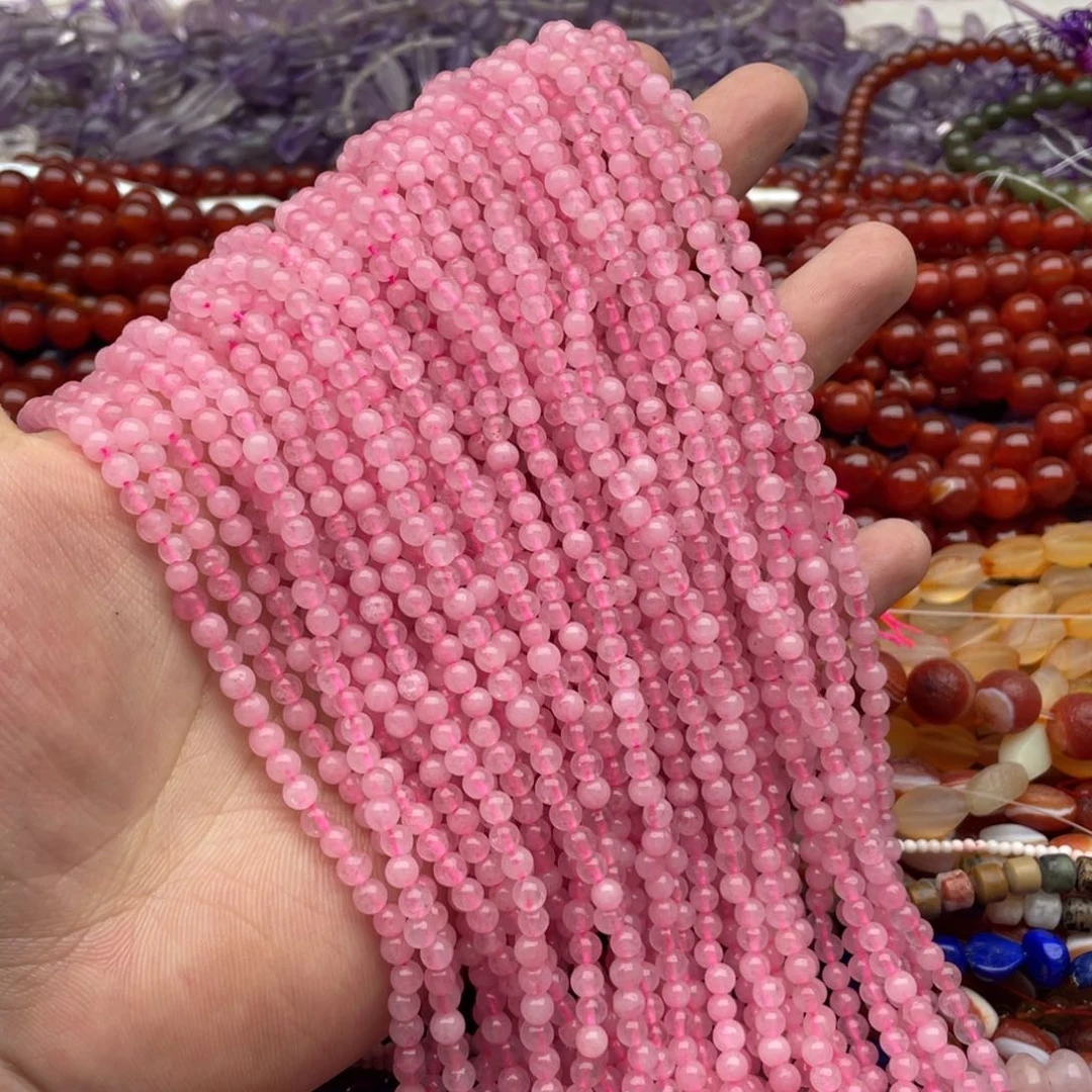 玛瑙/玉髓珠宝半成品未镶嵌两条装卡4mm粉晶圆珠