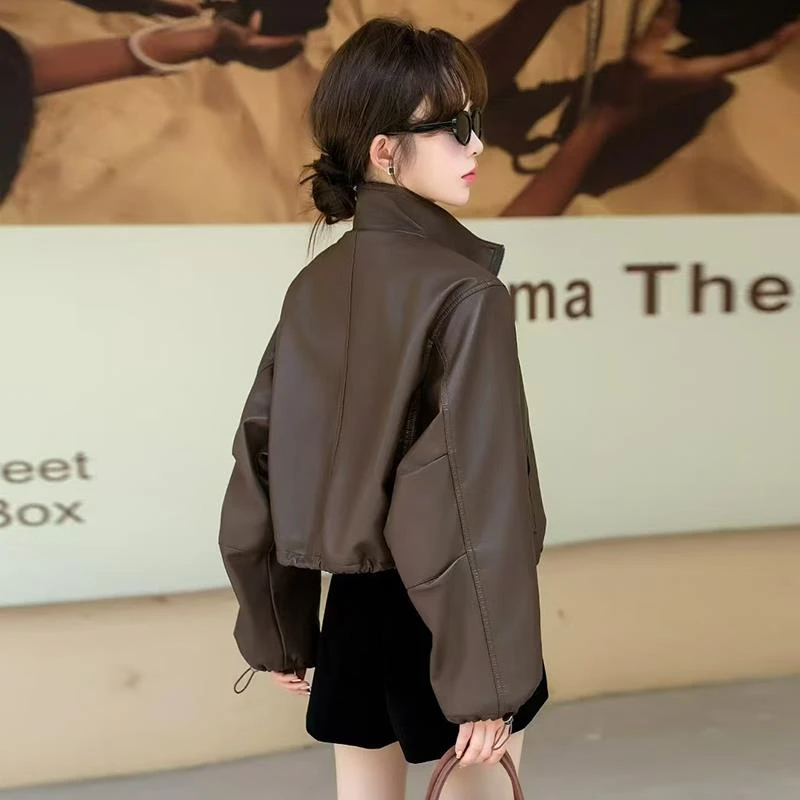 咖色皮衣外套女2025春秋港风复古宽松短款小个子显瘦pu机车皮夹克