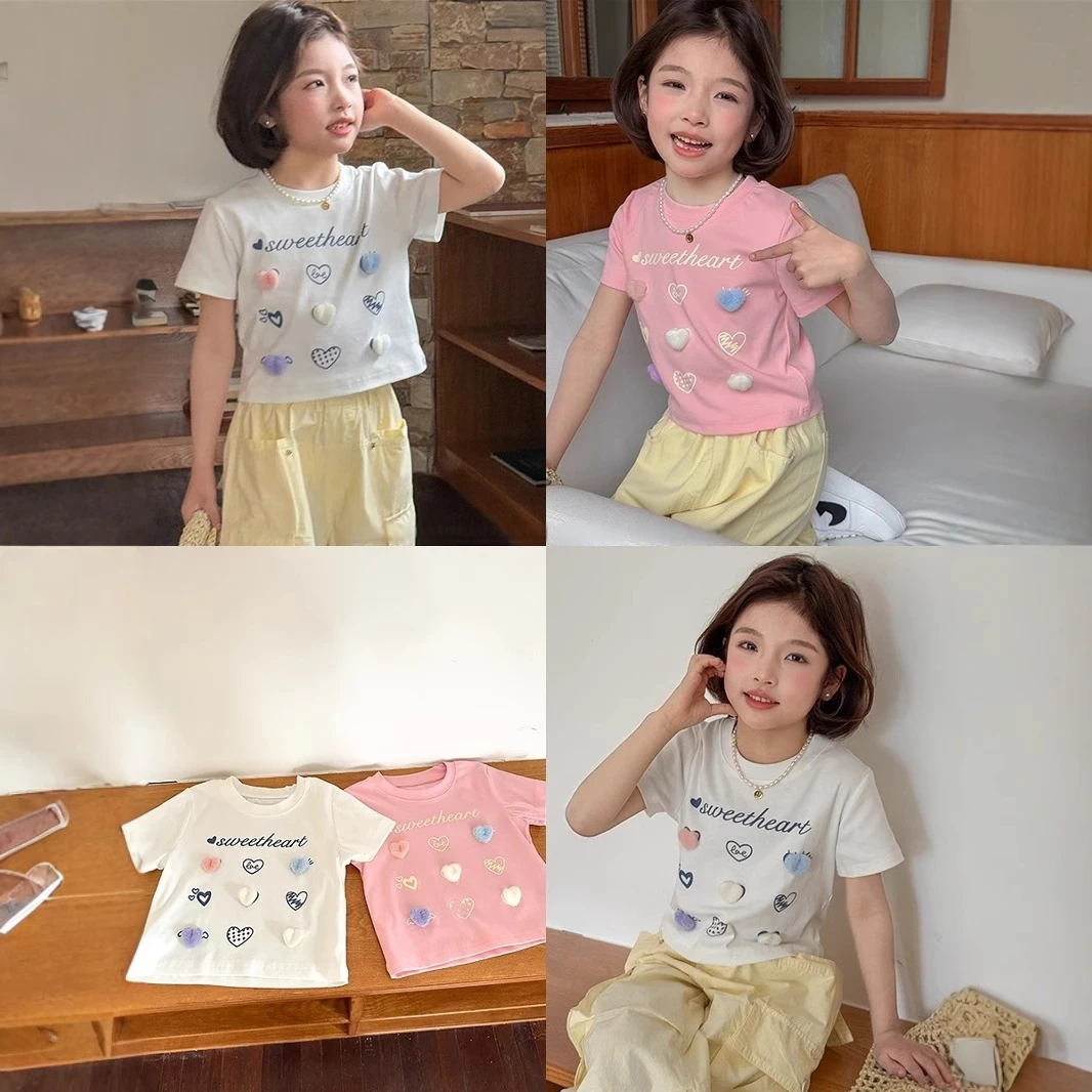 AINI女童字母立体毛毛爱心纯棉T恤儿童甜美801
