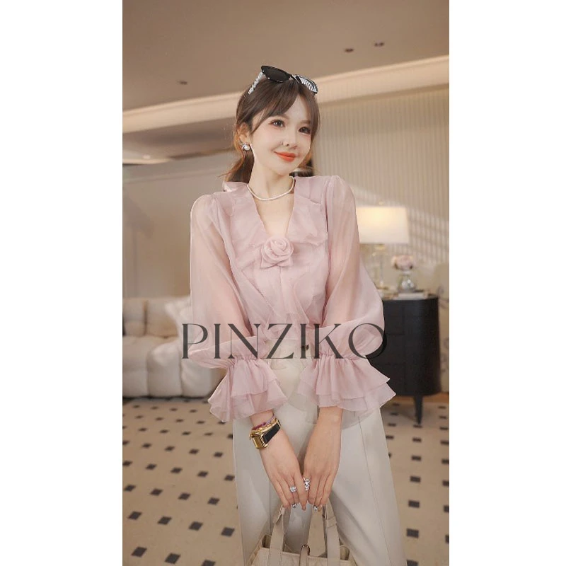 【PINZIKO】浪漫玫瑰~法式荷叶边设计感长袖衬衫立体花朵上衣TJF083