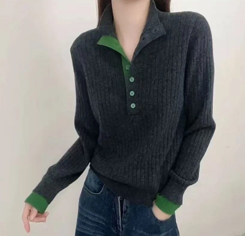 5休闲黑色常规款拼接袖型针织显瘦不起球打底衫图案针织衫