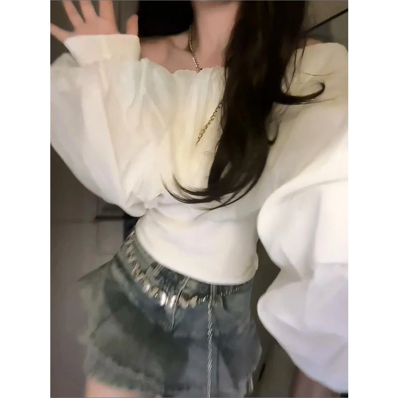 法式白色一字肩长袖衬衫仙女高级感轻奢气质漂亮别致绝美上衣春秋