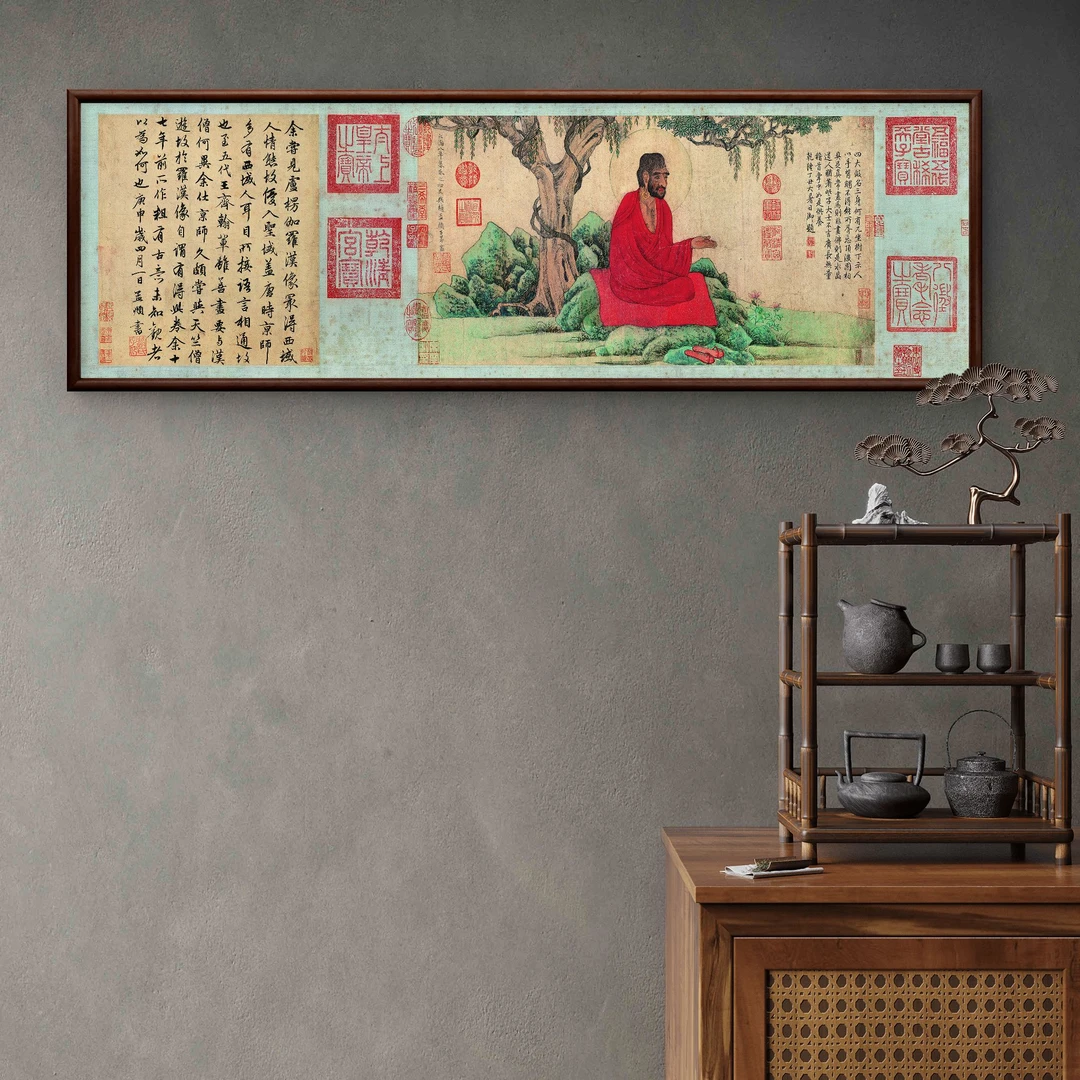 9001-40*120红衣西域僧图卷画芯 中式装饰画实木玄关书房