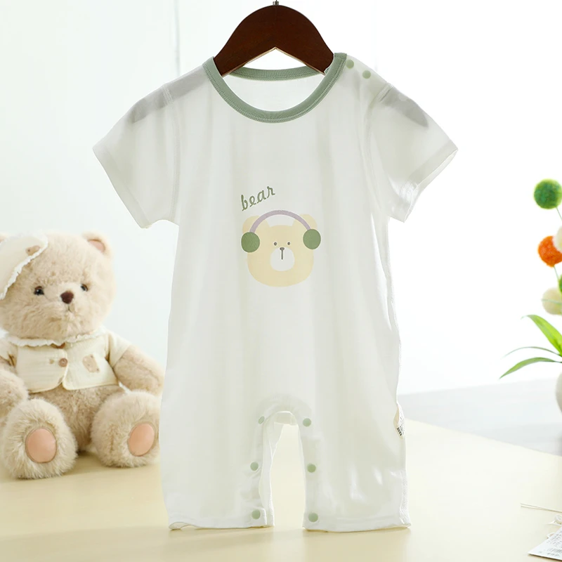 婴儿夏季薄款短袖连体衣服幼童肩扣无骨莫代尔睡袋宝宝空调服睡衣