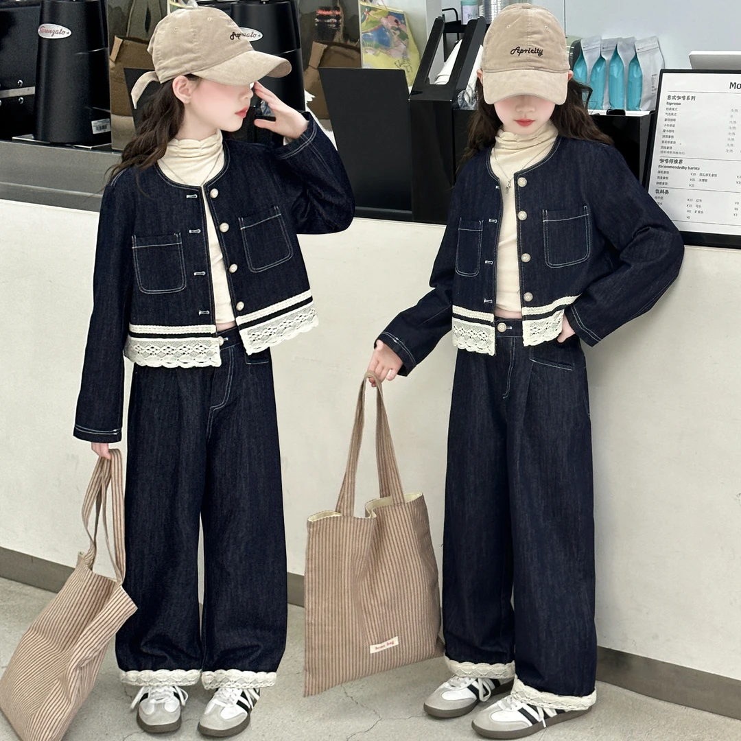 童装女童秋装套装2025新款儿童秋季韩系儿童蕾丝拼接牛仔两件套潮
