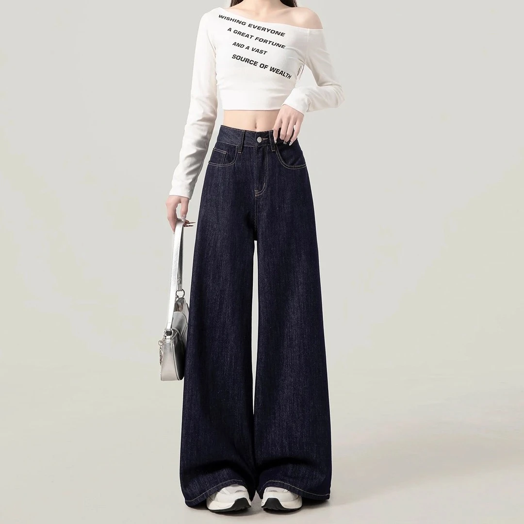 深蓝色复古垂感阔腿牛仔裤女2025爆款高腰宽松休闲直筒拖地长裤子