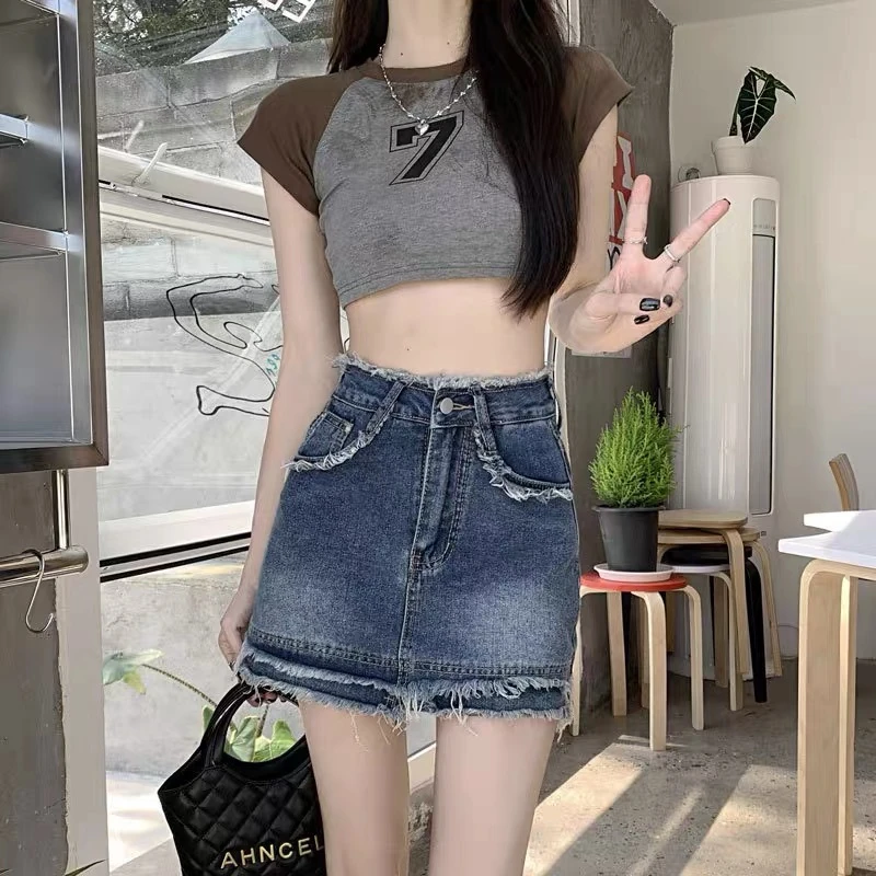 A2-牛仔半身裙显瘦高腰时尚百搭夏季不规则包臀毛边ins韩版休闲