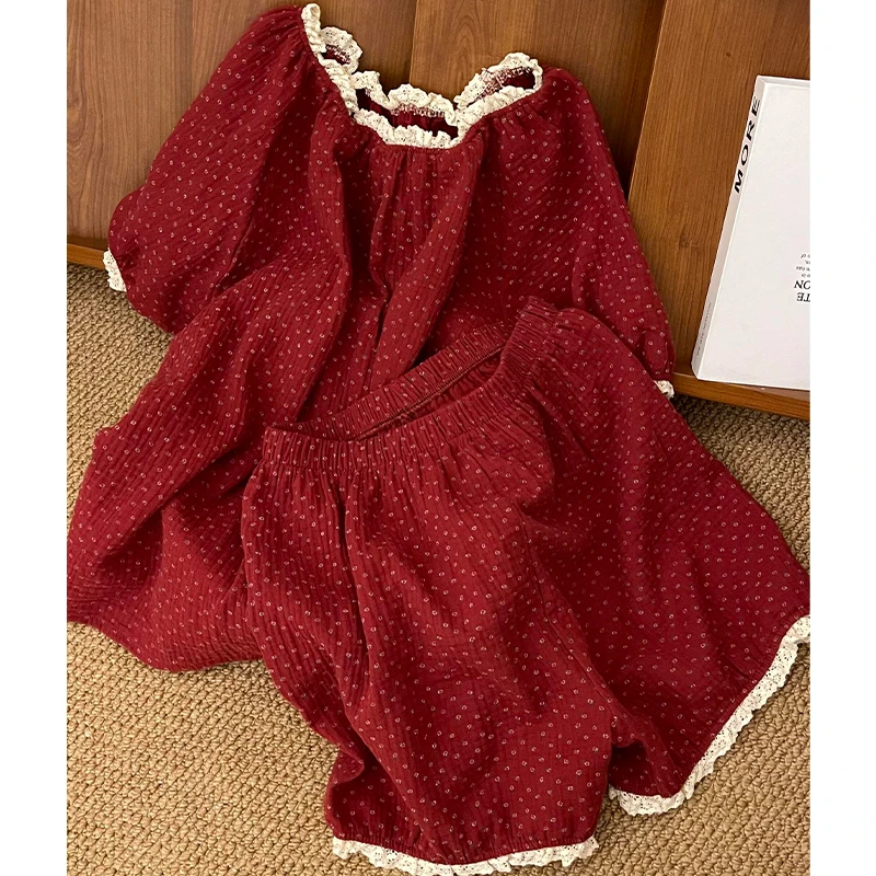 韩系少女甜美蕾丝碎花睡衣女夏款复古红色短袖短裤家居服两件套装