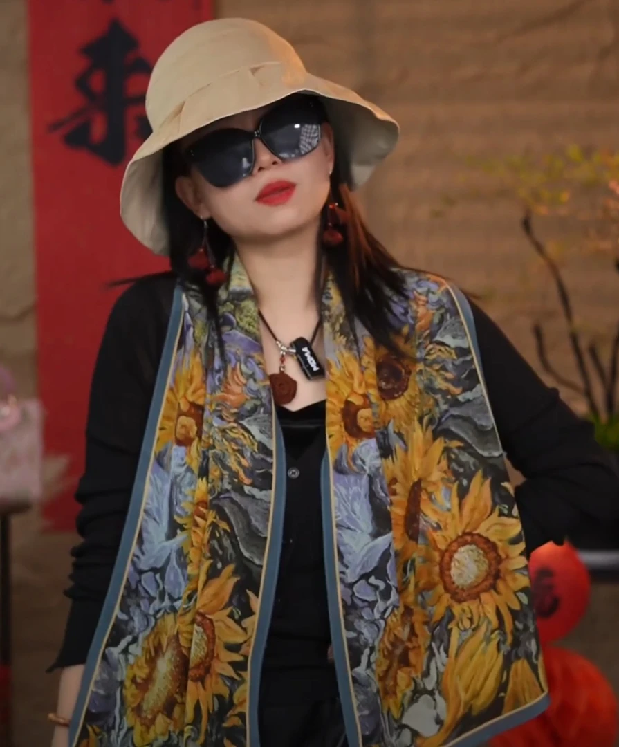 【向日葵】宫丽37x145cm6A纯100桑蚕丝双绉油画风长巾时尚百搭女士