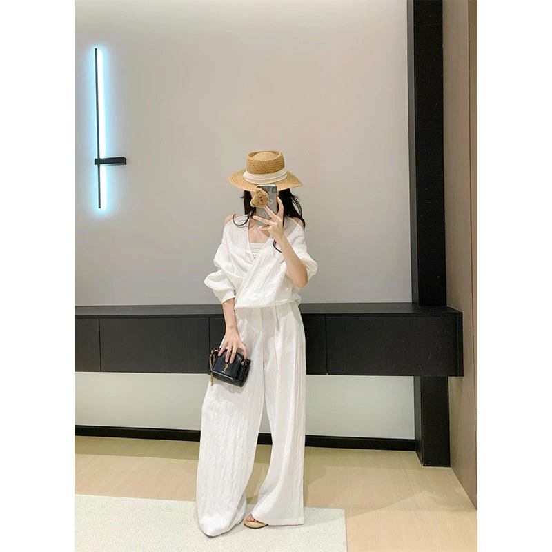 法式穿搭夏季新款设计交叉露肩长袖上衣高腰垂感直筒阔腿裤套装女