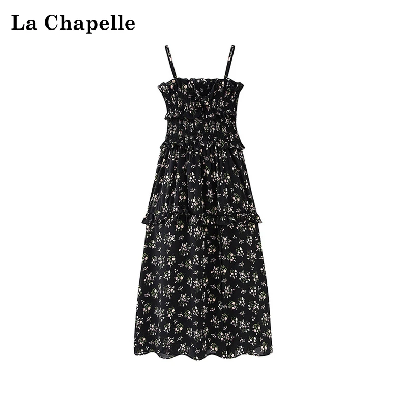 拉夏贝尔黑色碎花连衣裙女法式开叉吊带裙气质长裙夏新款高级时尚