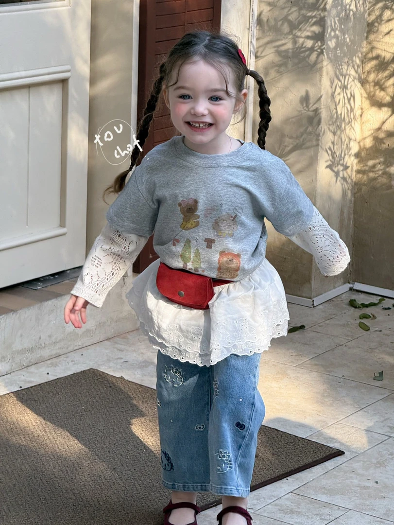 25春款女童宝宝个性假两件蕾丝袖小熊t恤牛仔裤套装