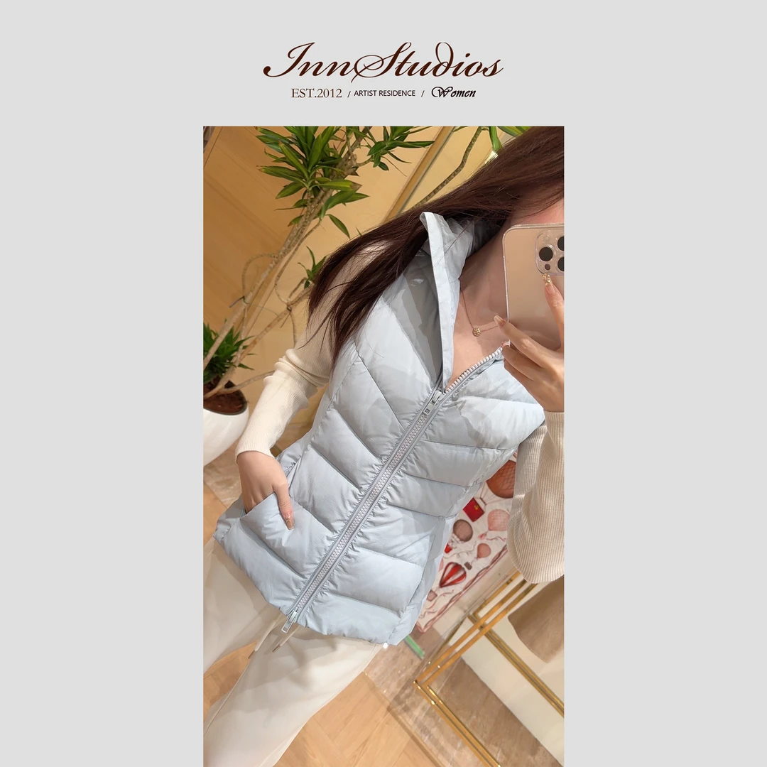 Innstudios「海盐蓝」连帽羽绒服马甲