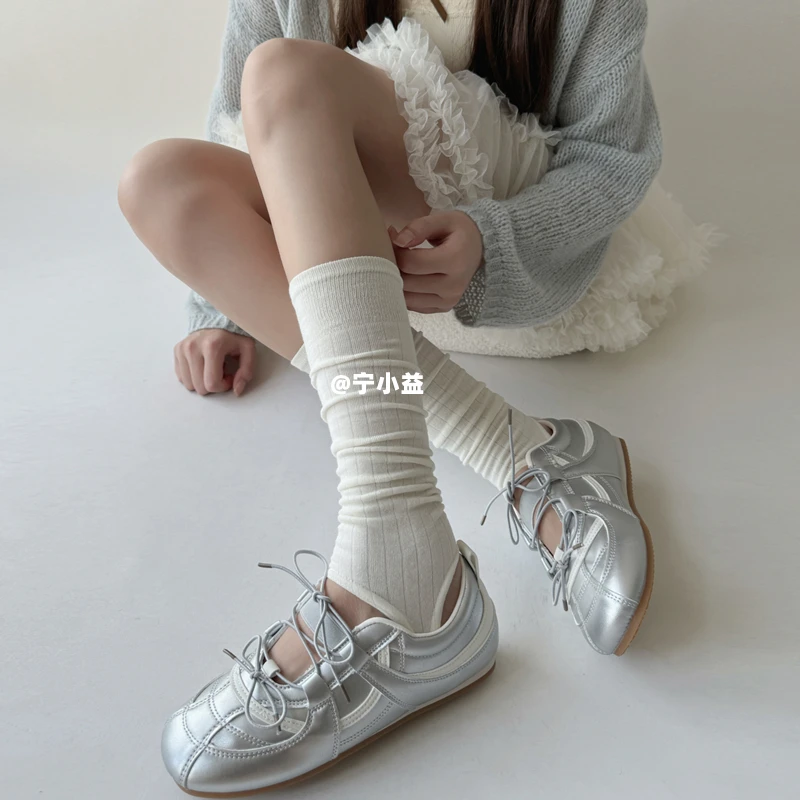 宁小益竖条纹踩脚袜套春秋白色袜子女薄款显瘦堆堆袜芭蕾风小腿套