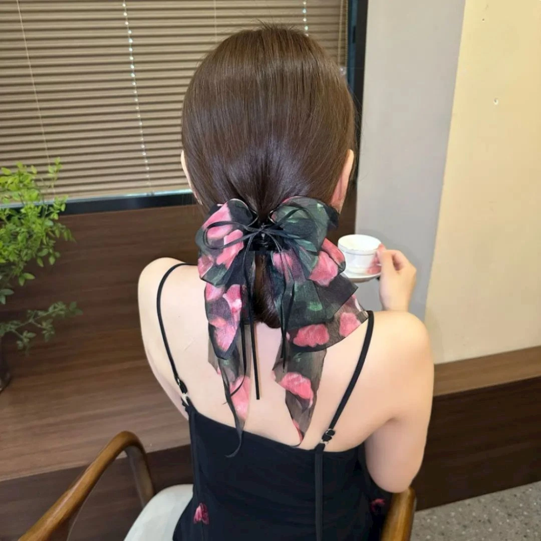 2025新款森系玫瑰马尾夹法式浪漫高级感碎花后脑勺飘带发夹抓夹女