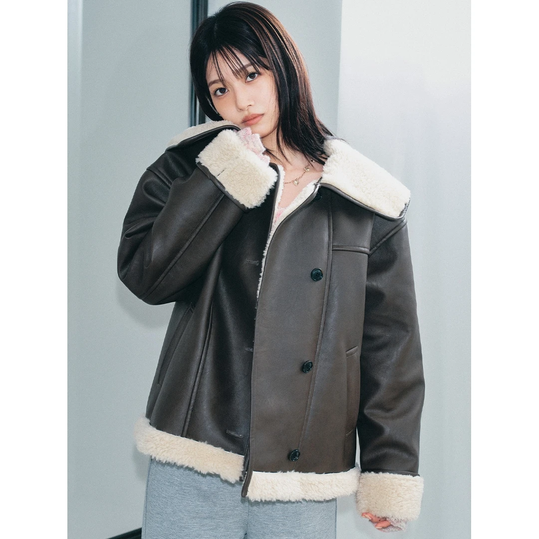 【MonTendre】秋冬新款 L 百搭气质休闲风保暖大翻领宽松羊羔毛外套